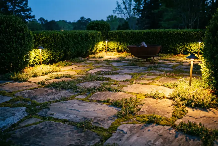 A flagstone patio with planted joints at dusk