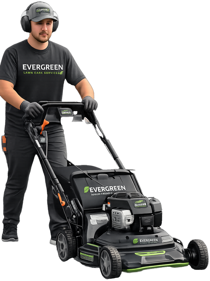 Evergreen crew member in a branded shirt pushing an Evergreen mower